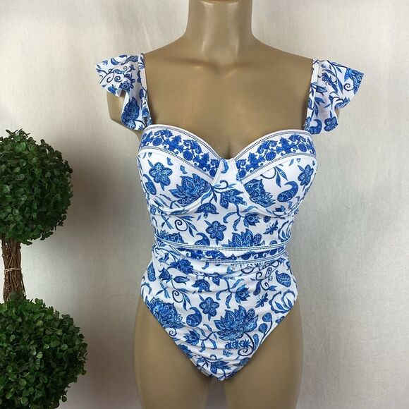 Blue & White Floral Print Contour Underwire 1 Piece Bathing Swim Suit NEW M - Picture 2 of 6